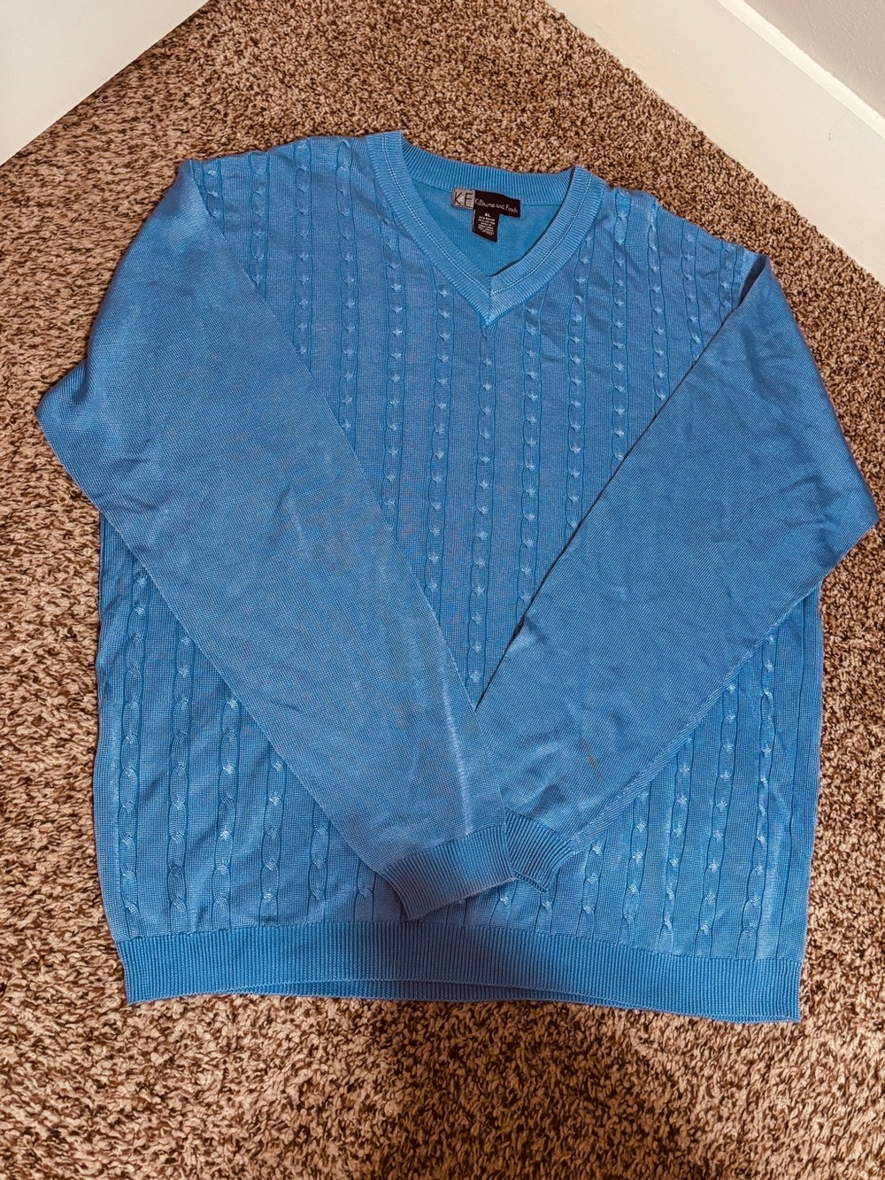 Kilburne & Finch Vintage Y2K Men's Blue Cable Knit V-Neck Sweater XL Fisherman